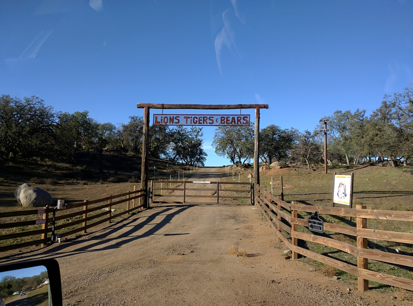 Driving by Lions Tigers & Bears, The San Diego Animal Sanctuary®, on the way to a scene in Alpine, CA