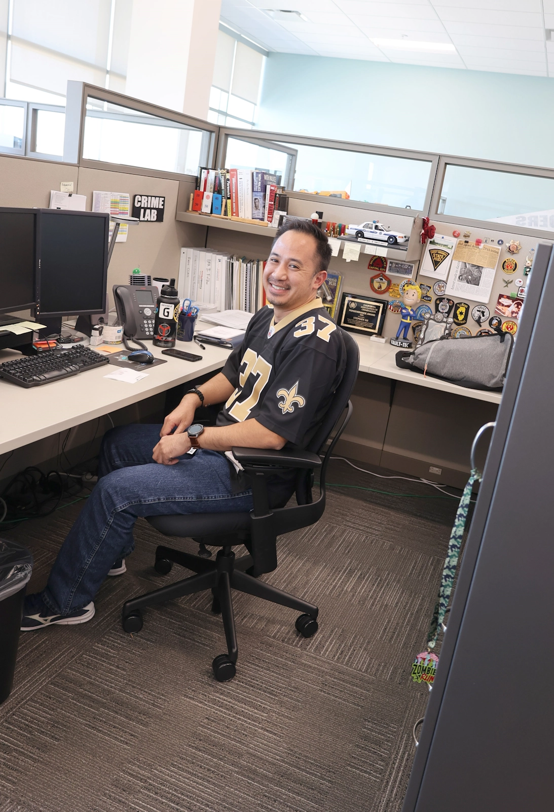 Stephen repping the New Orleans Saints, Steve Gleason, and Team Gleason for Sports Day at work